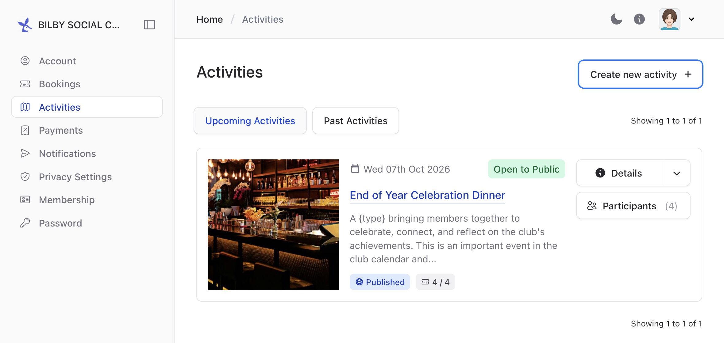 Create new activity screenshot