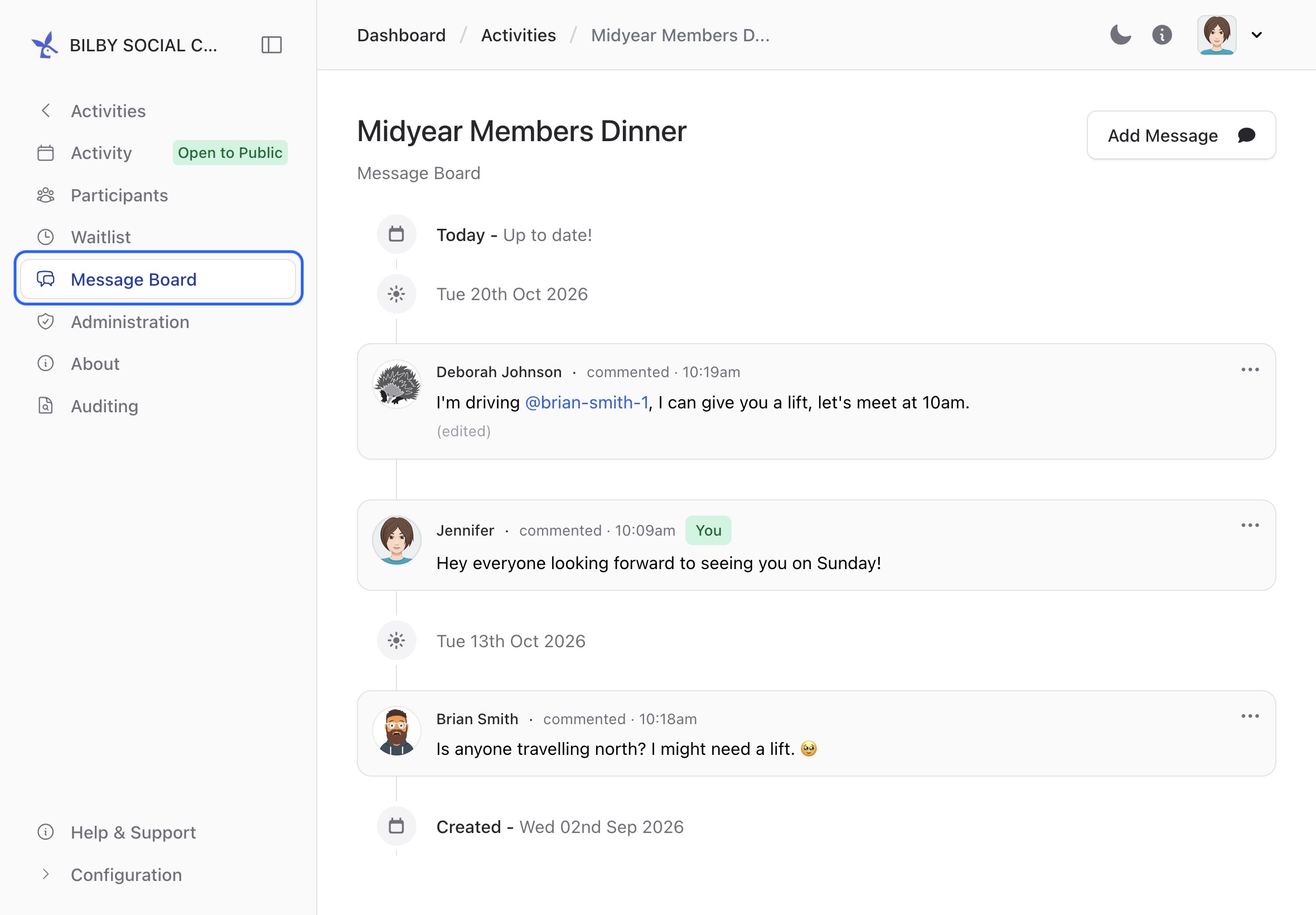 Activity message board