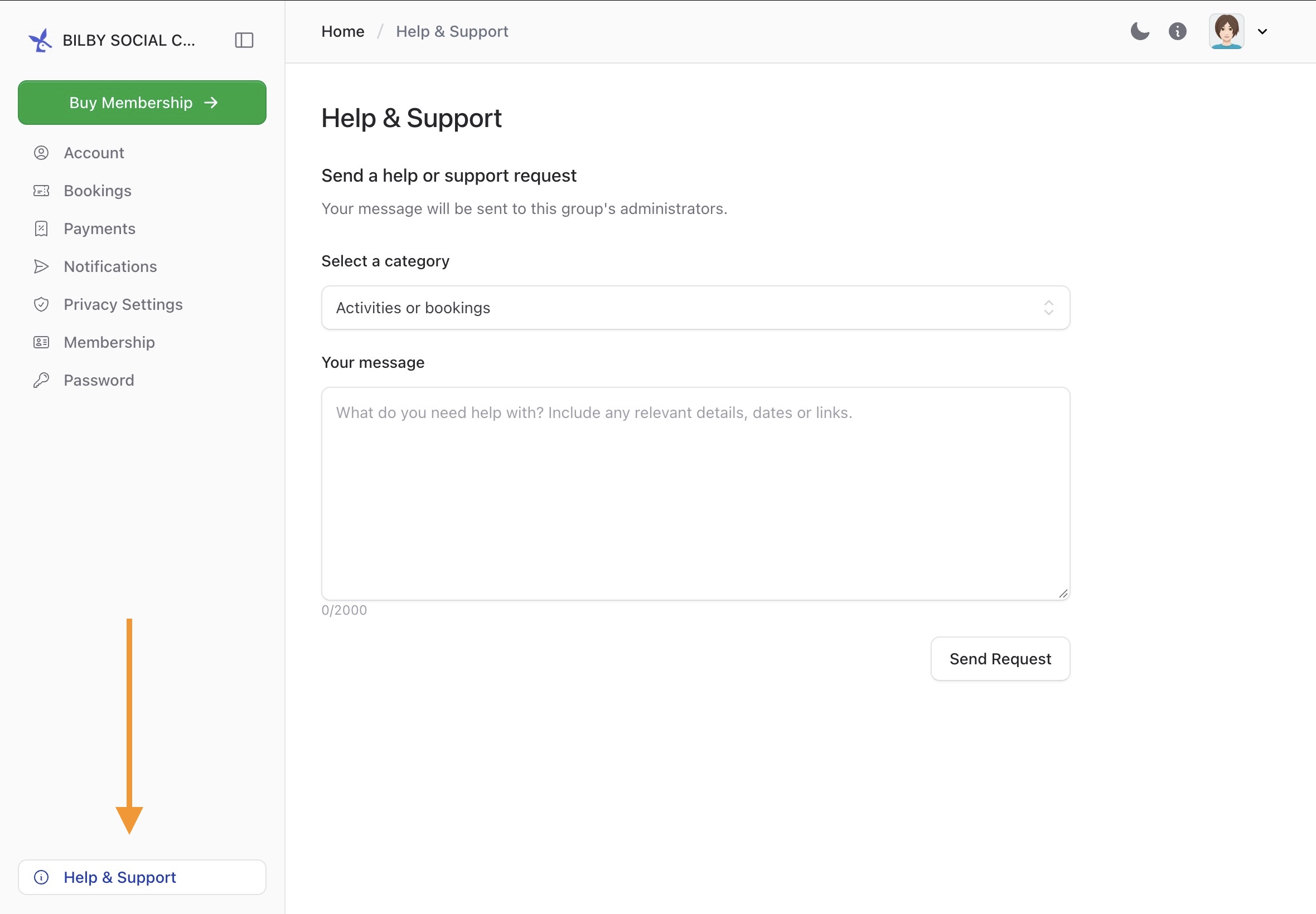 Help and Support button on the sidebar
